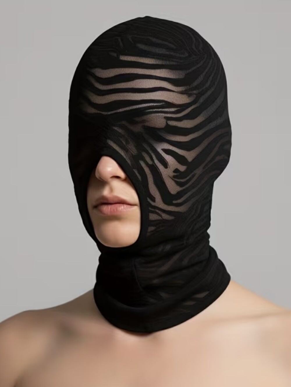 BDSM Black Sheer Lace Seduction Mask Hood -O